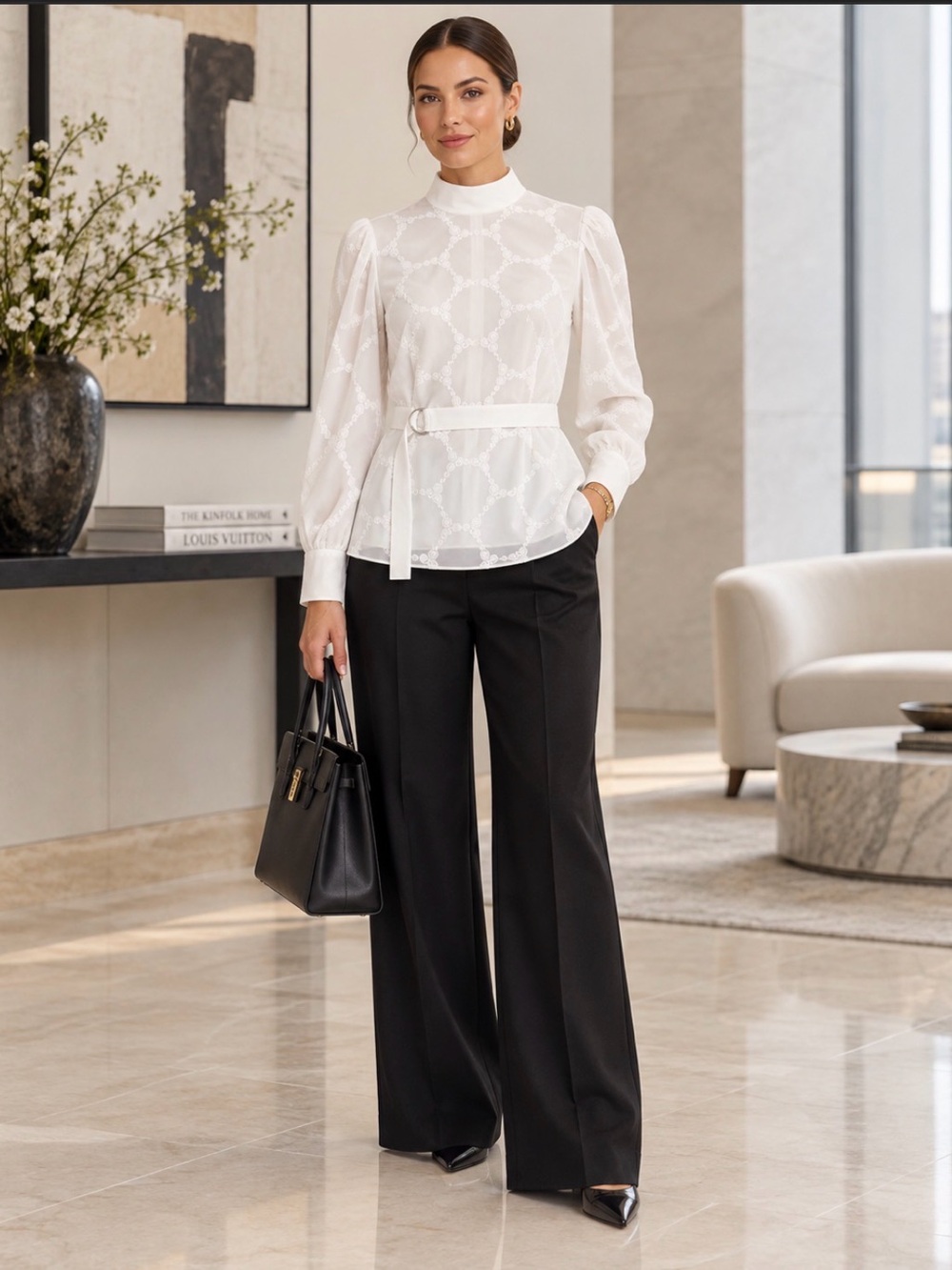 Akris Punto White Embroidered Belted Blouse Mock Neck Long Sleeve